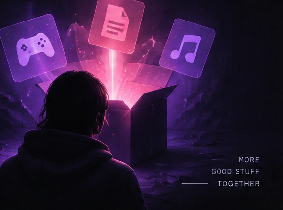A creator discovering glowing pink and purple digital surprises emerging from an open mystery box